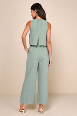Breezy Sophistication Sage Green Textured Wide-Leg Jumpsuit