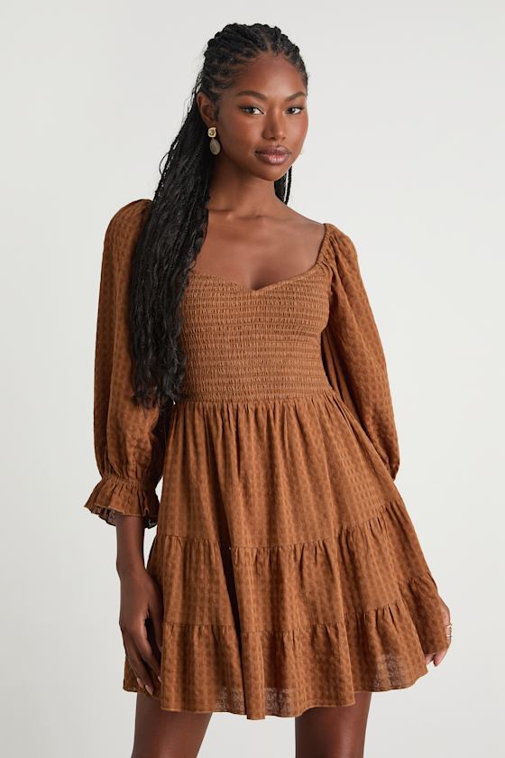 Charming Afternoon Tan Gingham Balloon Sleeve Mini Dress