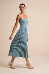 Perfectly Stunning Slate Blue Jacquard Strapless Midi Dress