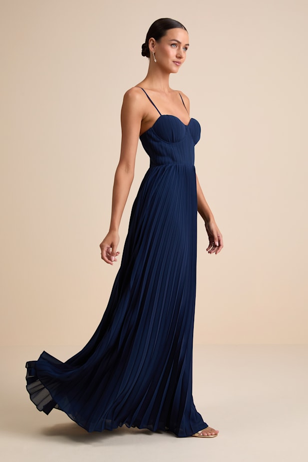Admirable Elegance Navy Pleated Bustier Maxi Dress