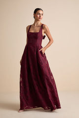 Perfected Aura Red Jacquard Tie-Back Maxi Dress with Pockets
