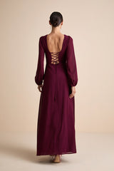 Marvelous Affair Burgundy Pleated Lace-Up Maxi Dress