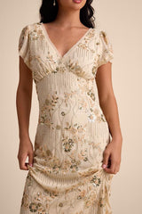 Angelila Beige Sequin Beaded Short Sleeve Midi Dress