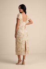 Angelila Beige Sequin Beaded Short Sleeve Midi Dress