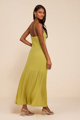 Mura Chartreuse Pleated Drop Waist Midi Dress