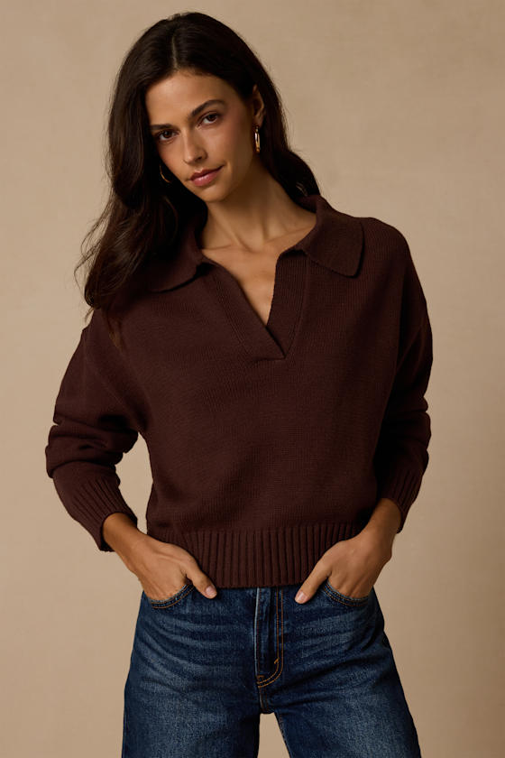 Cozy Forecast Dark Brown Collared Pullover Sweater