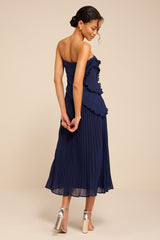 Brylee Navy Pleated Ruffled Midi Dress