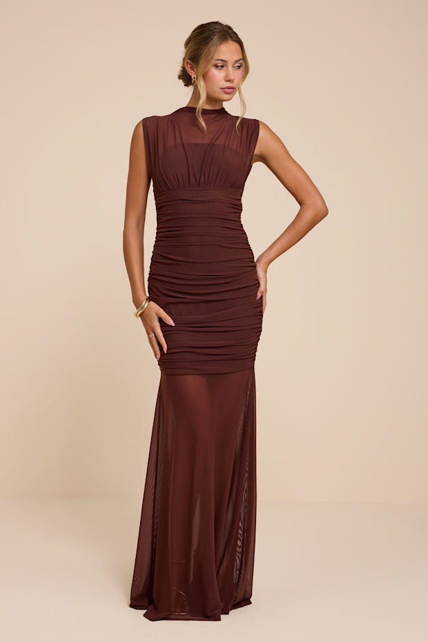 Montecito Brown Mesh Trumpet Maxi Dress