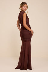 Montecito Brown Mesh Trumpet Maxi Dress