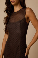 Maude Brown Dot Mesh Midi Dress