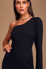 All Is Well Black One-Shoulder Long Sleeve Bodycon Dress