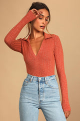 You Belong Here Rust Orange Ribbed Collared Long Sleeve Bodysuit