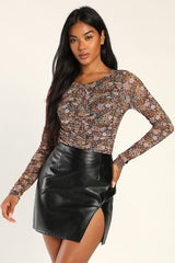 Everyday Luck Brown Floral Print Ruched Long Sleeve Bodysuit