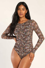 Everyday Luck Brown Floral Print Ruched Long Sleeve Bodysuit